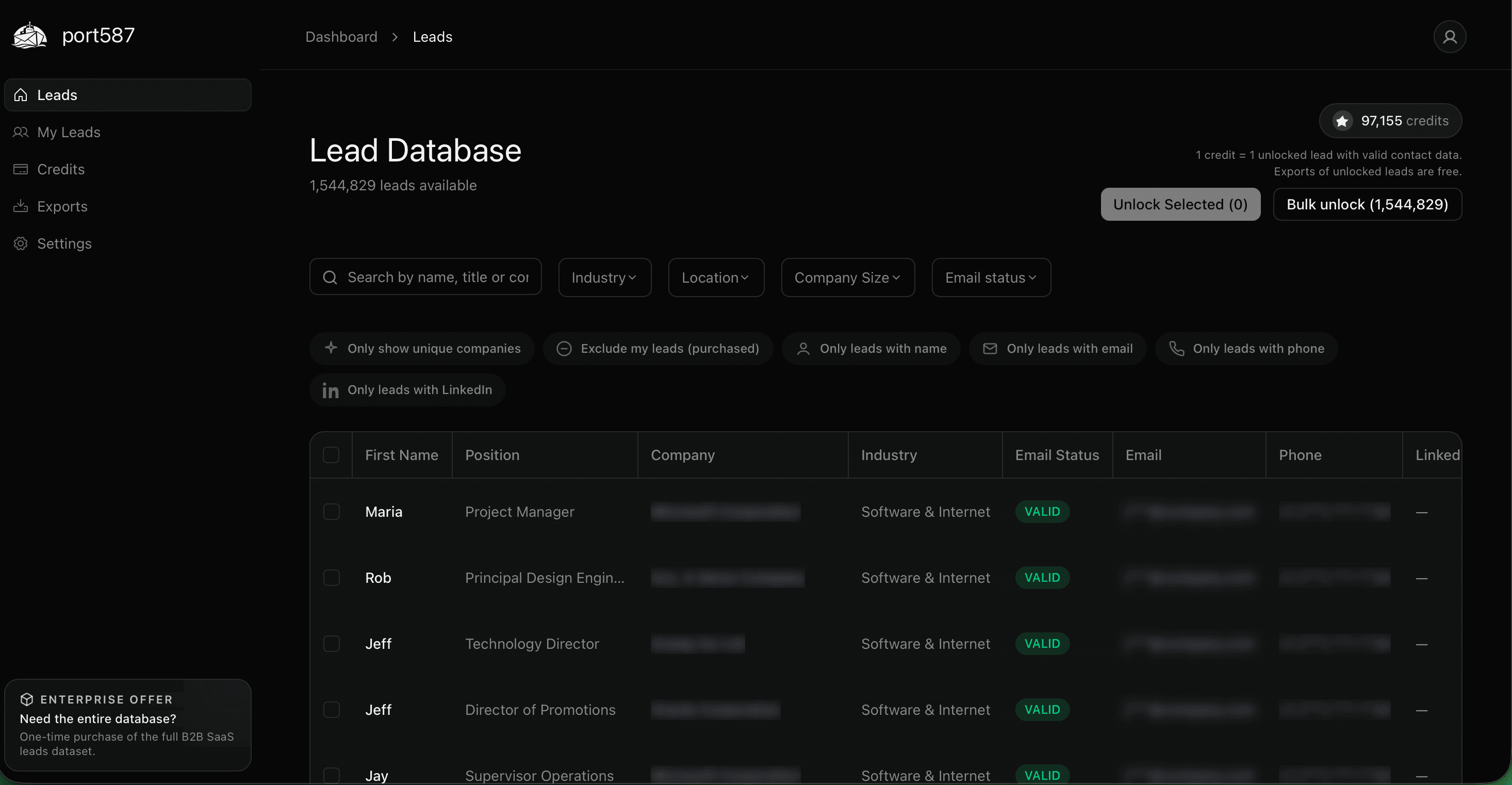 port587 lead database — search, filter and export B2B SaaS leads